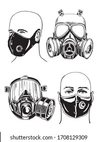 Graphical set of gas masks isolated on white background, vector illustration, virus elements