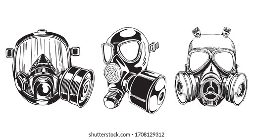 Graphical set of gas masks isolated on white background, vector illustration, virus elements