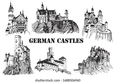 Graphical set of German castles isolated on white background,vector illustration