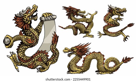 Graphical set of golden Chinese dragons isolated on white background,vector color illustration	
