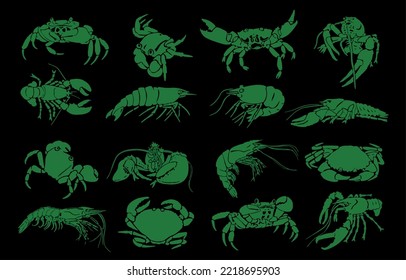 Graphical set of green crabs,shrimps and lobsters isolated on black background,vector engraved illustration, sea-food