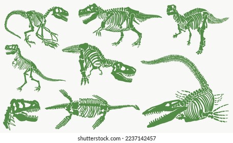 Graphical  set of green dinosaurs isolated on white background,vector illustration
