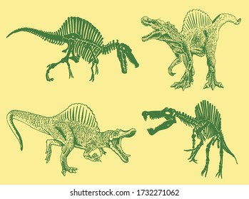 Graphical set of green dinosaurs on green background, vector illustration , cover