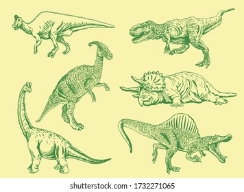 Conjunto gráfico de dinosaurios verdes sobre fondo verde, ilustración vectorial , cubierta