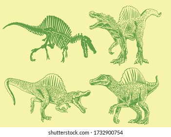 Graphical set of green dinosaurs on green background, vector illustration , cover