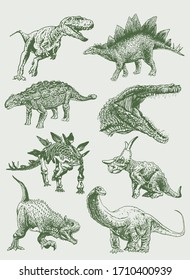 Graphical set of green dinosaurs ,vector illustration	
