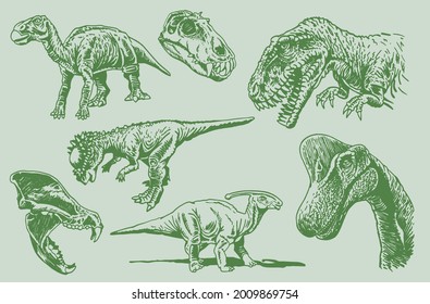 Graphical set of green dinosaurs , vector color dinosaurs , elements for tattoo , design	

