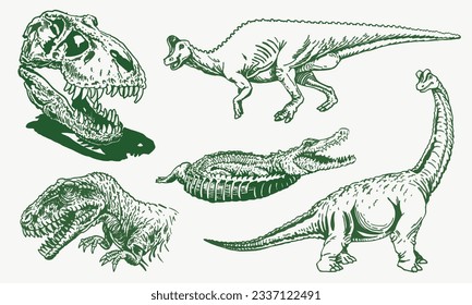 Graphical set of green dinosaurs,vector color elements for design, covers,background