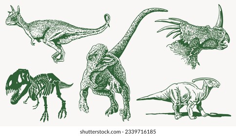Graphical set of green dinosaurs,vector color elements for design, covers,background