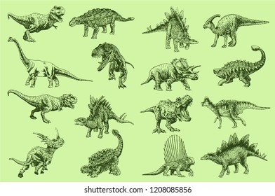 Graphical set of green dinosaurs,vector illustration for tattoo and printing