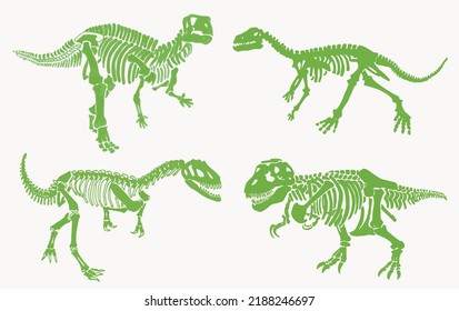 Graphical set of green silhouettes of dinosaur skeletons isolated on white background, vector color illustration