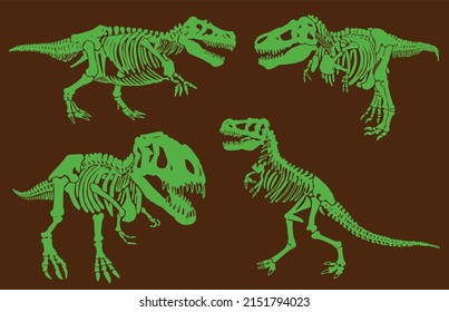 Graphical set of green skeletons and skulls of  tyrannosaurus on brown background,paleontological collection,vector illustration