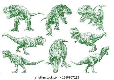 Graphical set of green tyrannosauruses isolated on white, vector color dinosaurs , elements for tattoo , design