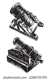 Conjunto gráfico de pistolas, un tipo de pieza de artillería aislada sobre fondo blanco, elementos vectores de arma militar