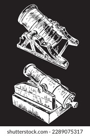 Graphical set of guns, a type of artillery piece isolated on black background, vector elements of military weapon