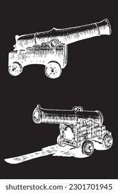 Graphical set of guns, a type of artillery piece isolated on black background, vector elements of military weapon
