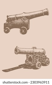 Conjunto gráfico de pistolas, un tipo de pieza de artillería sobre fondo sepia, elementos vectores de armas militares