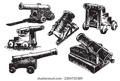 Conjunto gráfico de pistolas, un tipo de pieza de artillería aislada sobre fondo blanco, elementos vectores de arma militar