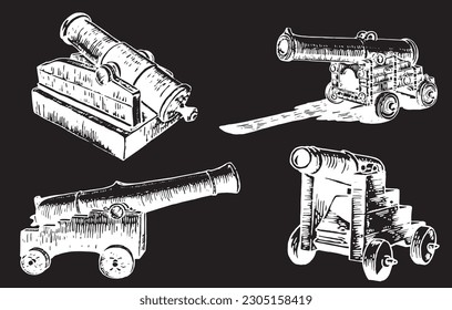 Graphical set of guns, a type of artillery piece isolated on black background, vector elements of military weapon