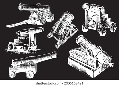 Conjunto gráfico de pistolas, un tipo de pieza de artillería aislada sobre fondo negro, elementos vectores de arma militar