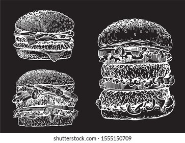 Graphical set of hamburgers isolated on black background,vector engraved illustration