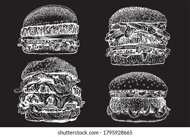 Graphical set of hamburgers on black background, fast food vector illustration