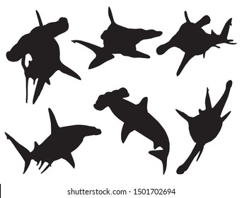 Graphical set of hammerhead shark silhouettes isolated on white background,vector sea food illustration,tattoo