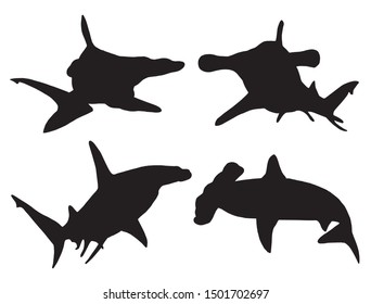 Graphical set of hammerhead shark silhouettes isolated on white background,vector sea food illustration,tattoo