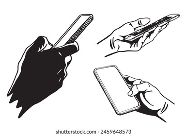 Graphical set with hands holding smartphone , vector illustration. Ink pen drawing, technology	. Business icons