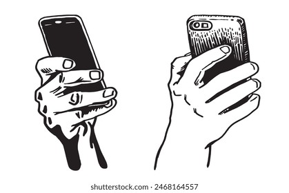 Graphical set with hands holding smartphone , vector illustration. Ink pen drawing, technology . Business icons	