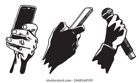 Graphical set with hands holding smartphone , vector illustration. Ink pen drawing, technology . Business icons	
