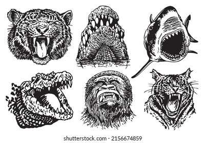 Graphical  set of heads of animals with grins isolated on white,vector elements