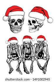 Graphical  set of human skeletons in Santa Claus hat isolated on white, vector new year illustration