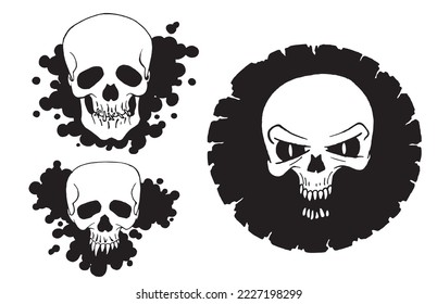 Graphical set of human skulls isolated on white, vector spooky element for tattoo,design and print