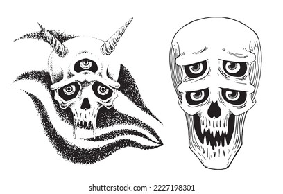 Graphical set of human skulls isolated on white, vector spooky element for tattoo,design and print