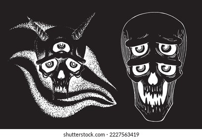 Graphical set of human skulls isolated on black, vector spooky element for tattoo,design and print