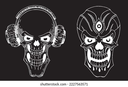 Graphical set of human skulls isolated on black, vector spooky element for tattoo,design and print