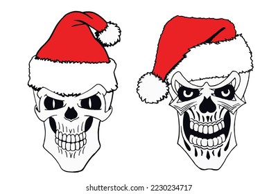 Graphical set human skulls in Santa Claus hat isolated on white background,vector element of Christmas spooky design