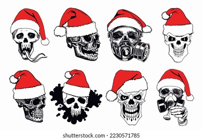 Graphical set human skulls in Santa Claus hat isolated on white background,vector element of Christmas spooky design