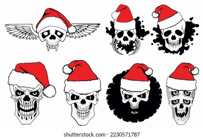 Graphical set human skulls in Santa Claus hat isolated on white background,vector element of Christmas spooky design