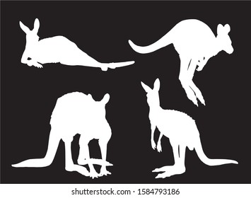 Graphical set of kangaroo silhouettes isolated on black background,vector illustration