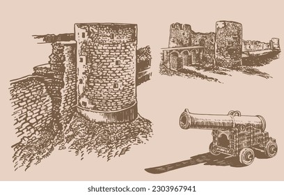 Graphical set of Koporye fortress and medieval gun isolated on sepia background, Russia. Vector illustration, architecture