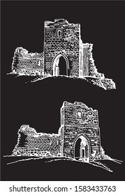 Graphical set of Kremenets Castles isolated on black background, vector illustration, Ternopil oblast,Ukraine