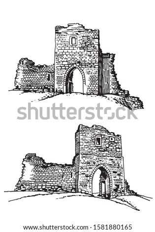 Graphical set of Kremenets Castles isolated on white background, vector illustration, Ternopil oblast,Ukraine