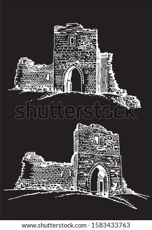 Graphical set of Kremenets Castles isolated on black background, vector illustration, Ternopil oblast,Ukraine