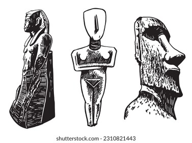 Graphical set of landmarks, vector  holy mother statue,  Pharaoh and moai isolated on white