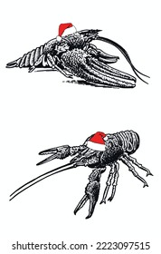 Graphical set of lobsters in red Santa Claus hat isolated on white background,vector seafood illustration