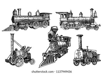 Graphical set of locomotives isolated on white background,vector train,transport for printing