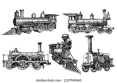 Graphical set of locomotives isolated on white background,vector train,transport for printing