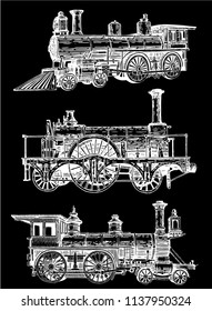 Graphical set of locomotives isolated on black background,vector train ,engraved illustration